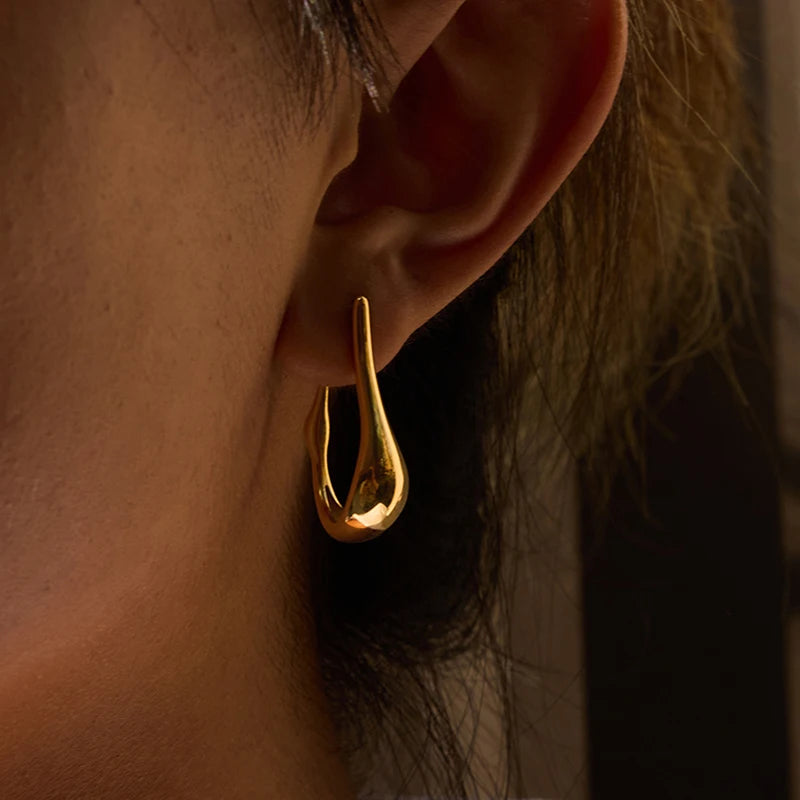 Uworld Simple Classic 18K Gold Color Plated Stainless Steel Smooth U-shaped C-Ring Earrings Women's Accessories Party Gift