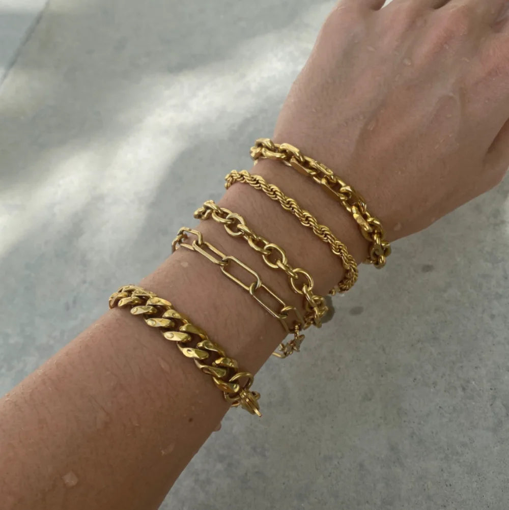 Uworld 18K Gold Color Stainless Steel Simple Gold Rope Chain Bracelet Stacking Figaro Heavy Metal Texture Women браслеты женские