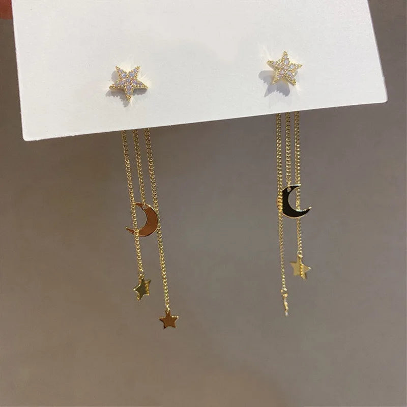 New Trendy Korean Crystal Star Moon Dangle Earrings For Women Exquisite Flowers Long Tassel Earring Girl Party Jewelry Gifts
