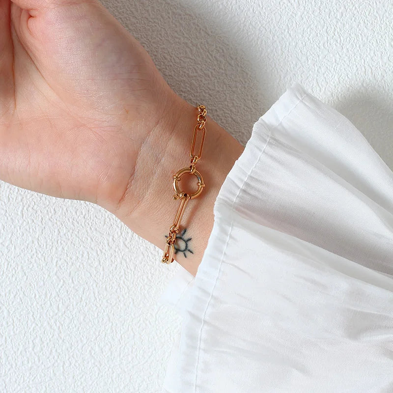 Rectangle Link Paperclip Chain Bracelet Gold Color Stainless Steel Chunky Link Large Clasp Stacked Women Jewelry