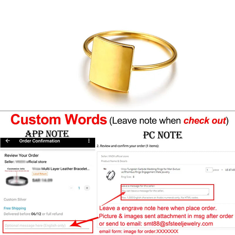 Minimalist Rectangle Signet Rings for Women, Personalized Name Stamp Band Gold Tone Stainless Steel Jewelry Custom Initial Gift