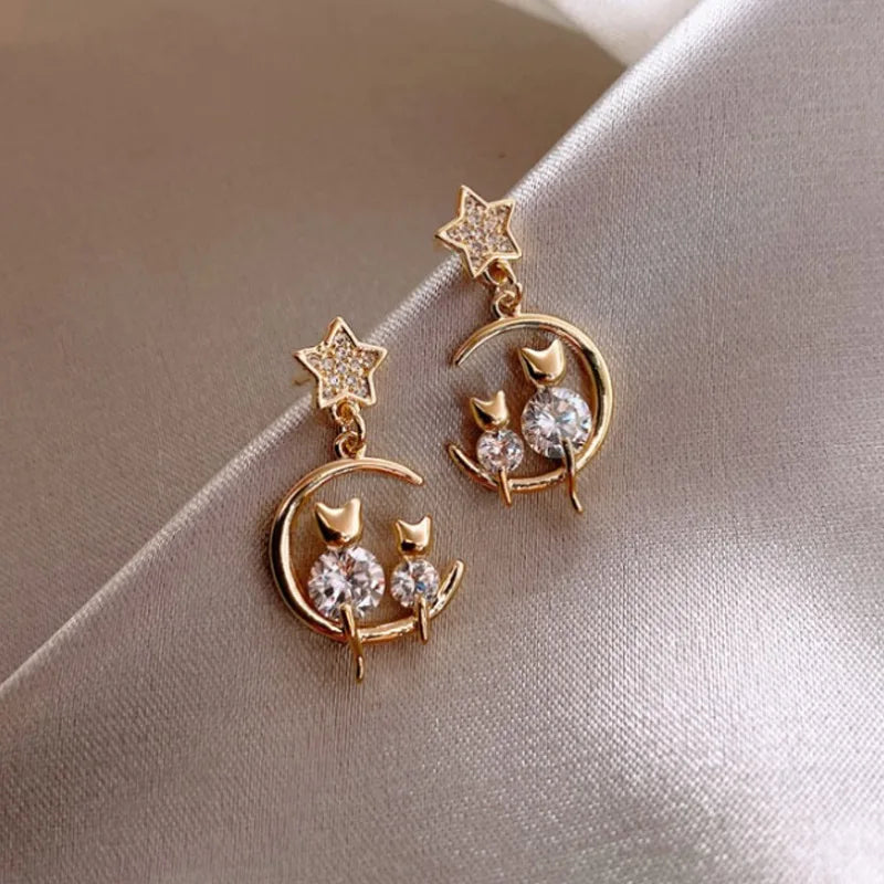 Vintage Rhinestone Heartbeat Earrings Crystal Moon Planet Pearl Zircon Earring Girls Party Birthday Gift Temperament Jewelry