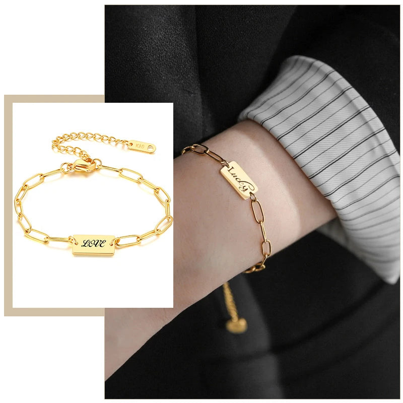 Women's Customized Name Initial Bracelet Gold Color Stainless Steel Metal Lara Rectangle Link Chain with  Stamp Accessory