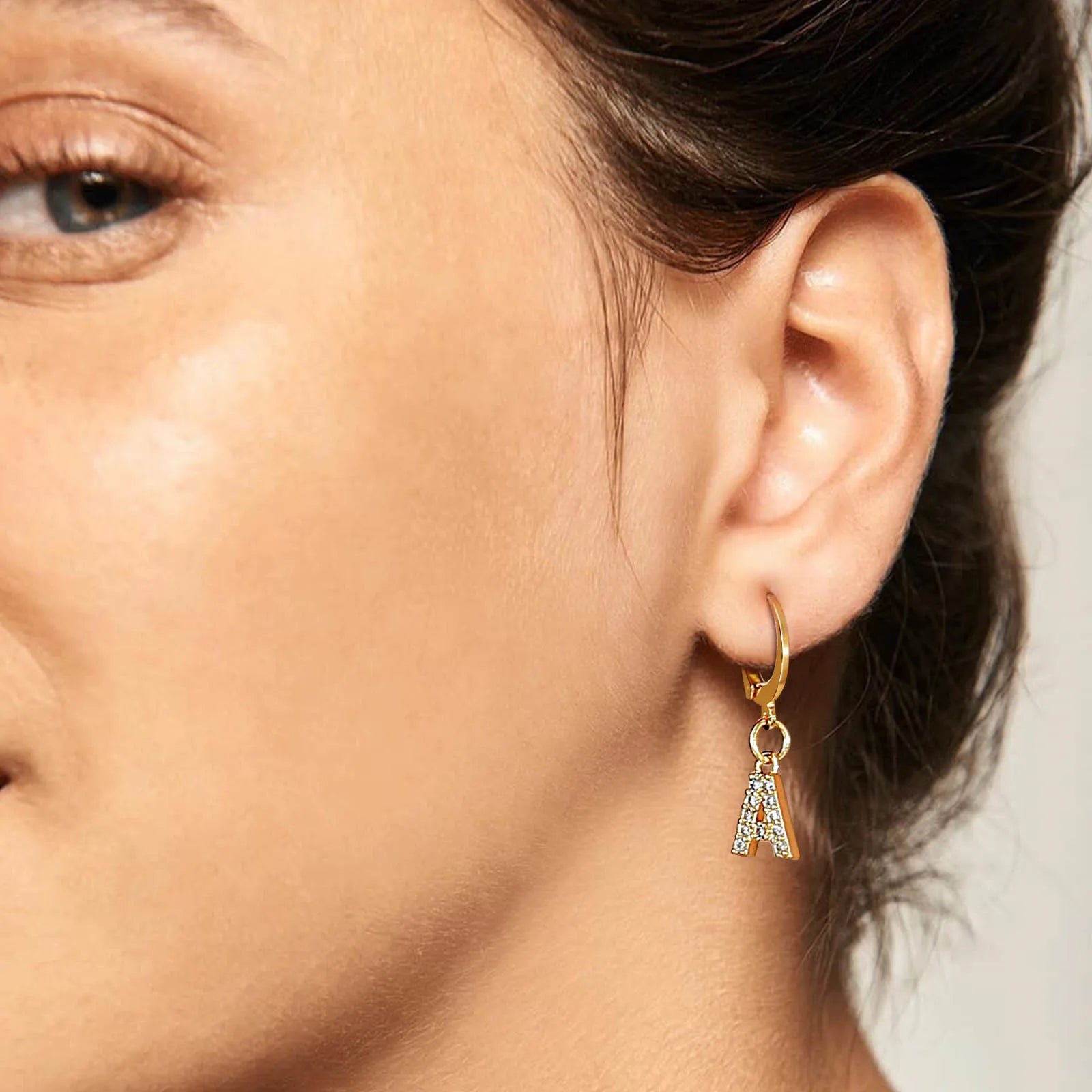 26 Alphabet Letter Hoop Earrings for Women, 1 PC Single AAA CZ Stone A to Z Hanging Earcuff, Gold Color Plating Ear Clips To Her