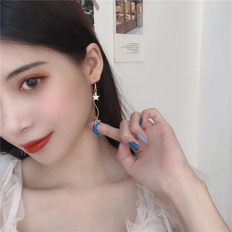 Fashion Moon Stars Cute Animal Cat Asymmetric Earring Sweet Flowers Kitten Fan Tassel Pendant Earrings Girl Temperament Jewelry