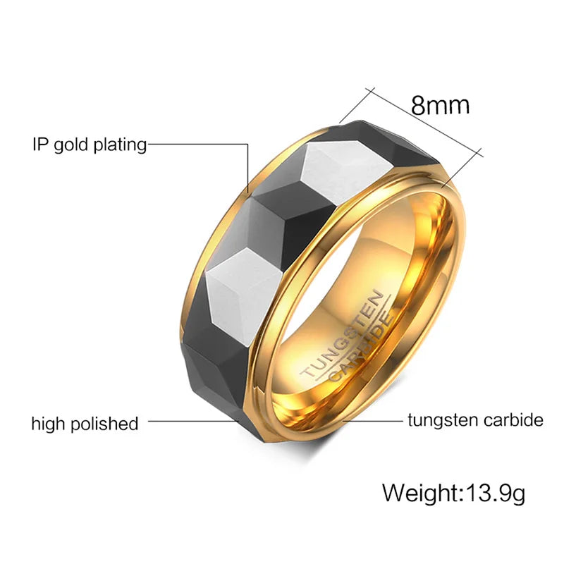 Meaeguet 8mm Ring Wide Faceted Cut Geometric Tungsten Carbide Wedding Rings For Men Jewelry Male Anillos Bague USA Size 7-12