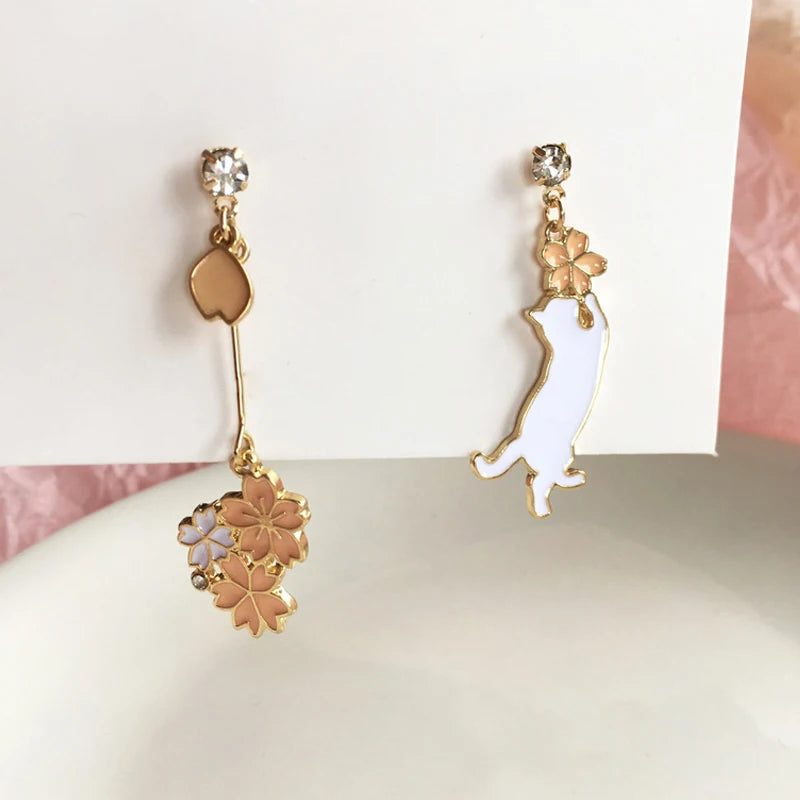 Fashion Moon Stars Cute Animal Cat Asymmetric Earring Sweet Flowers Kitten Fan Tassel Pendant Earrings Girl Temperament Jewelry