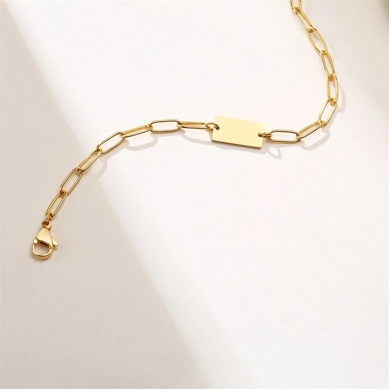 Women's Customized Name Initial Bracelet Gold Color Stainless Steel Metal Lara Rectangle Link Chain with  Stamp Accessory