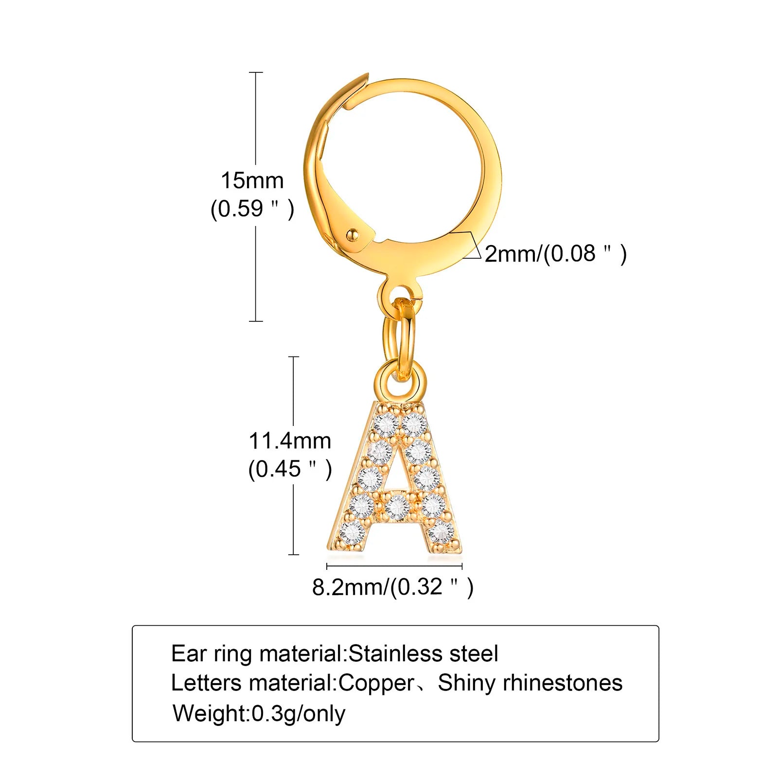 26 Alphabet Letter Hoop Earrings for Women, 1 PC Single AAA CZ Stone A to Z Hanging Earcuff, Gold Color Plating Ear Clips To Her