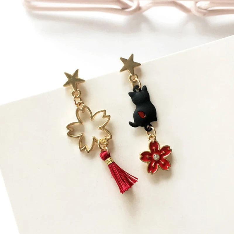 Fashion Moon Stars Cute Animal Cat Asymmetric Earring Sweet Flowers Kitten Fan Tassel Pendant Earrings Girl Temperament Jewelry