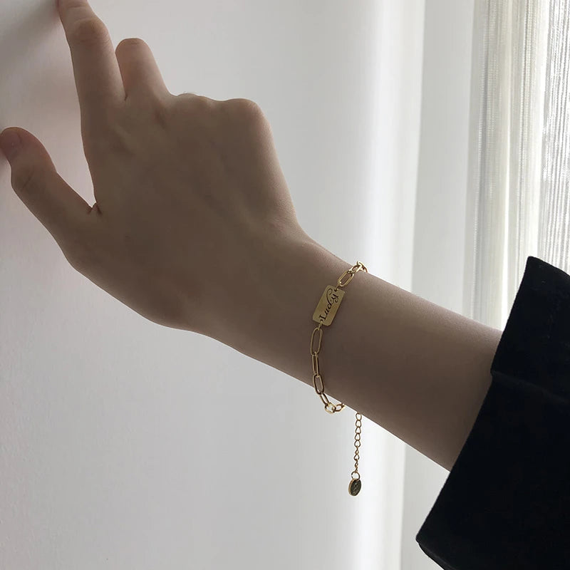 Women's Customized Name Initial Bracelet Gold Color Stainless Steel Metal Lara Rectangle Link Chain with  Stamp Accessory