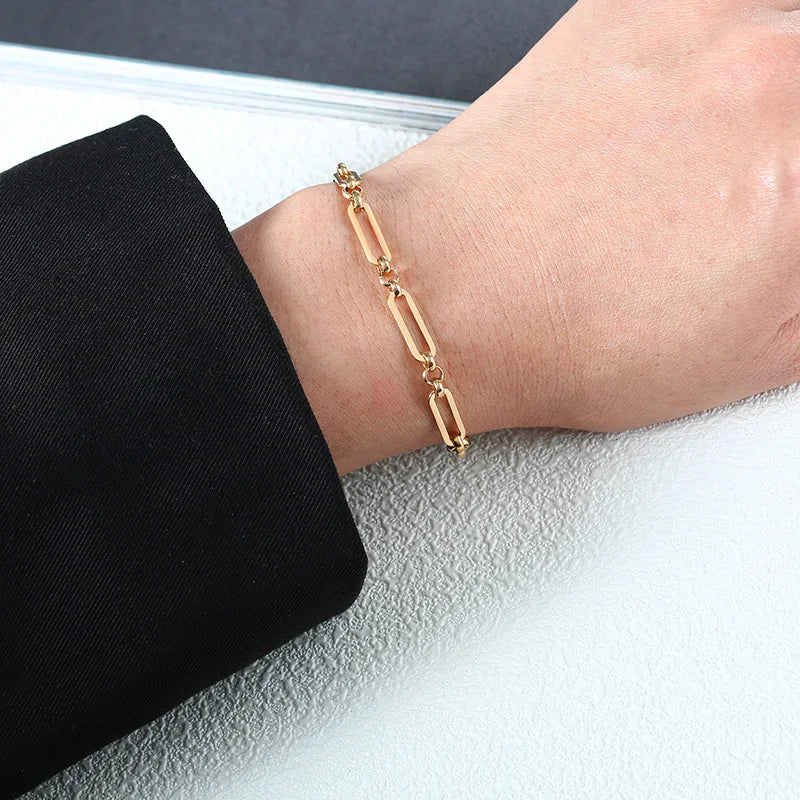 Rectangle Link Paperclip Chain Bracelet Gold Color Stainless Steel Chunky Link Large Clasp Stacked Women Jewelry
