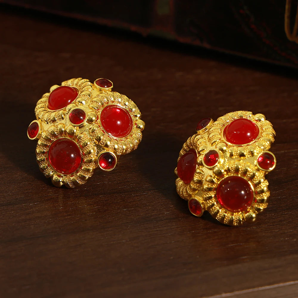 Luxury Gold Color Copper Stud Earrings For Women Red Agate Earrings Women Wedding Waterproof Jewelry Gifts