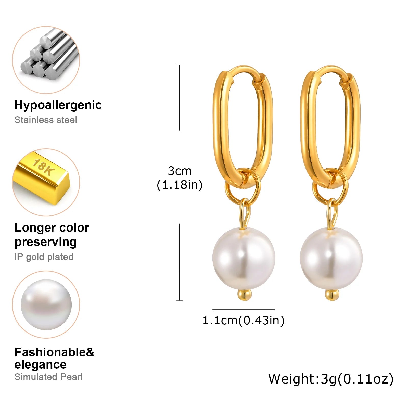 Elegant Imitation Pearl Pendant Earrings for Women,Gold Color Oval Hoop Earrings,Stainless Steel Jewelry Gift