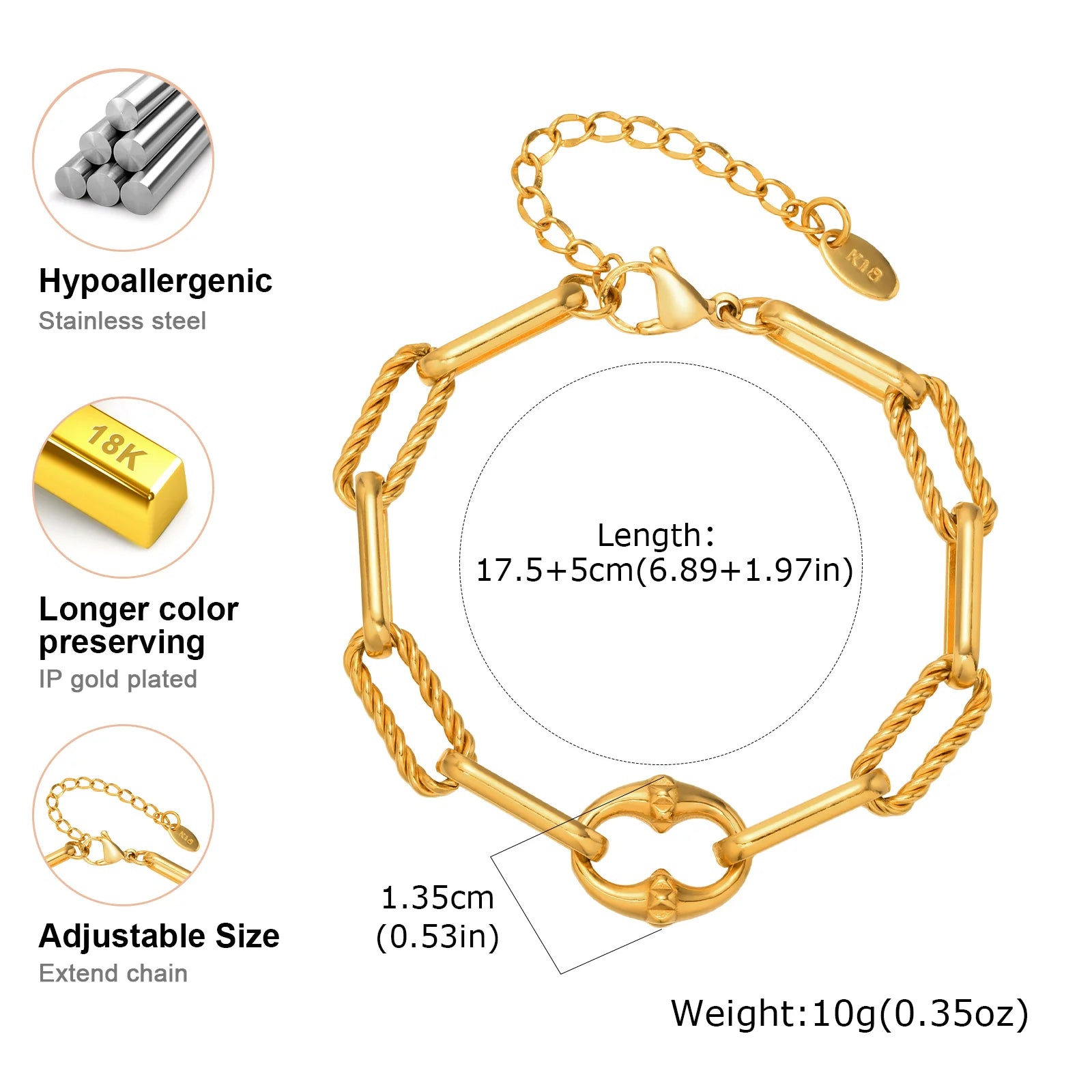 Chunky Stainless Steel Bracelets for Women,Gold Color Handmade Chain Ring Accessories Bracelet,Classic Jewelry Gift