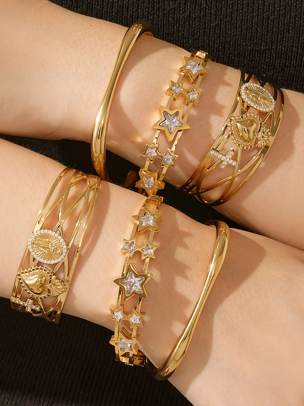 Nivora Minimalist Cubic Zirconia Charm Cuff Bracelet for Women Stainless Steel Gold Plated Wedding Banquet Charm Bangles Jewelry