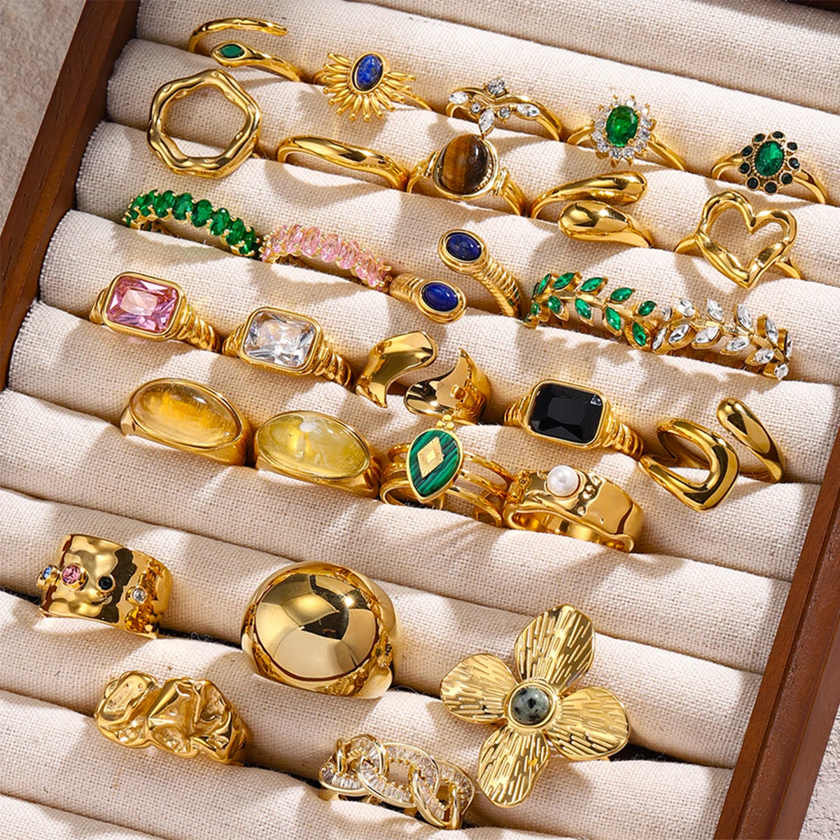 Uworld 18K Gold PVD Plated 316L Stainless Steel Rings Finger Chunky Wedding statement Jewelry Shell Freshwater Pearl Zircon Ring