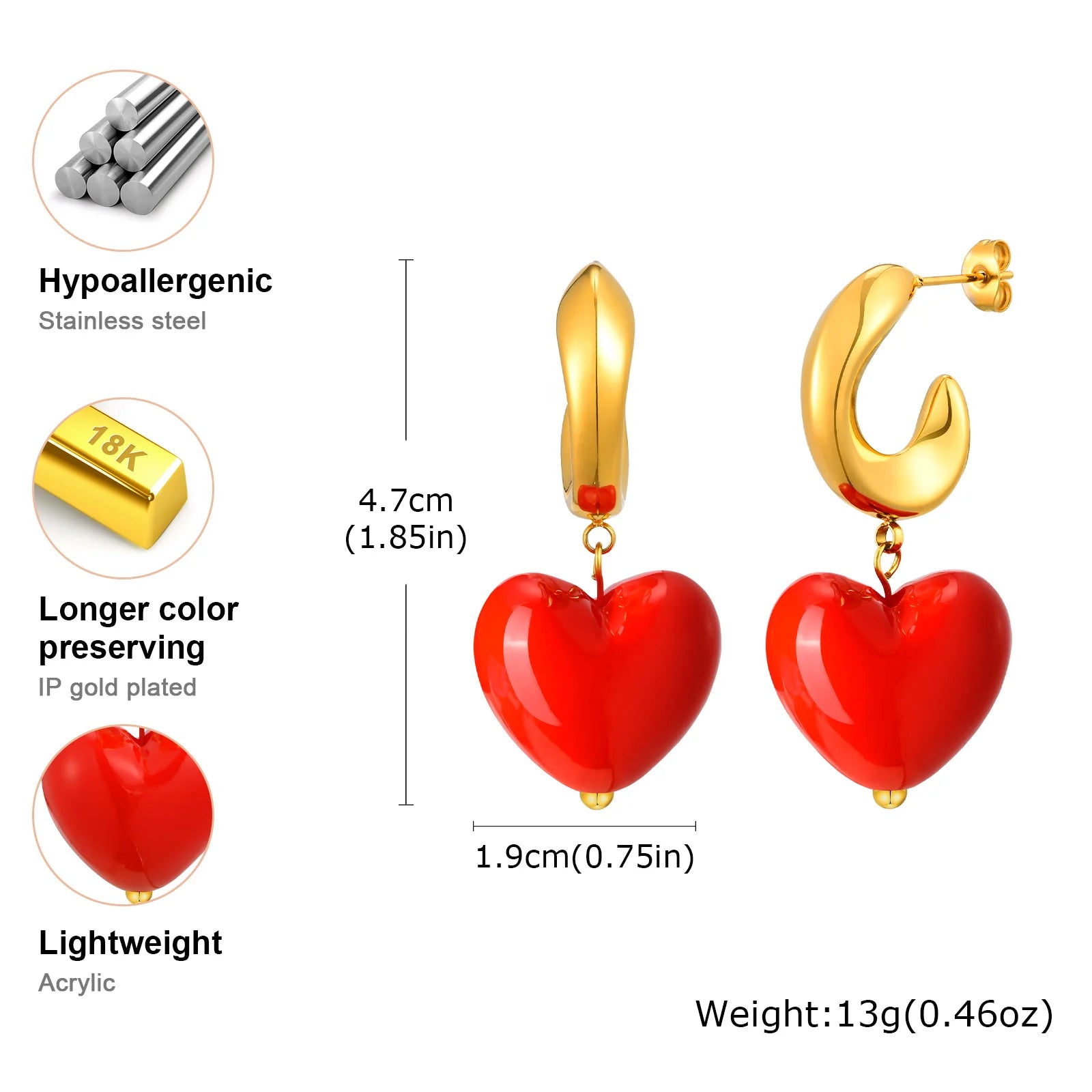 Fashion C-shaped Red Heart Earrings for Women,Gold Plated Stainless Steel Earrings,Classic Geometric Jewelry Gifts