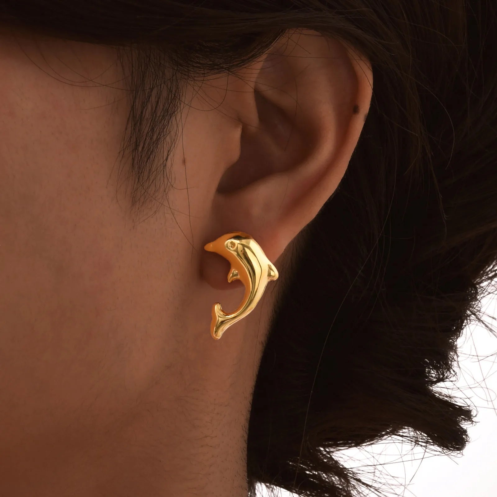 Fashionable Dolphin Earrings for Women,Gold Color Stainless Steel Stud Animal Earring,Waterproof Jewelry Gift