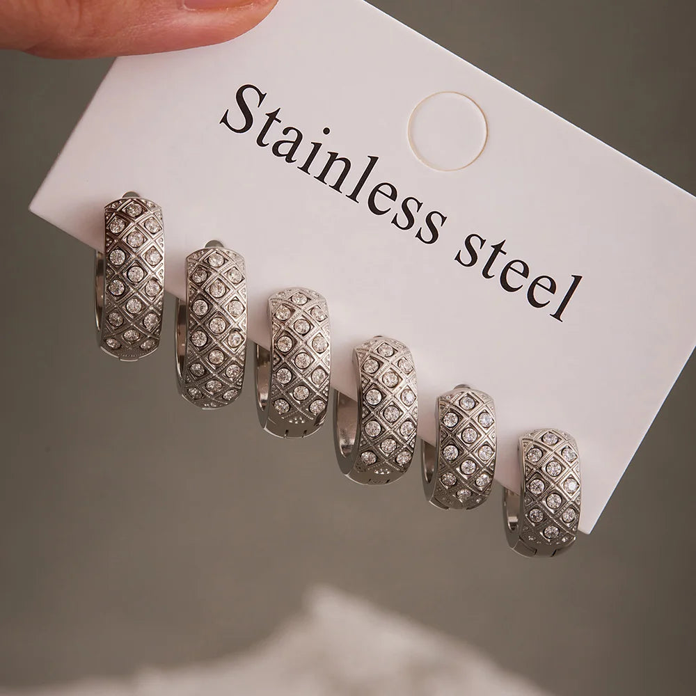 Nivora Stainless Steel Zircon Women Hoop Earrings Metal Texture PVD Gold Plated Hypoallergenic Wedding Banquet Earrings Jewelry