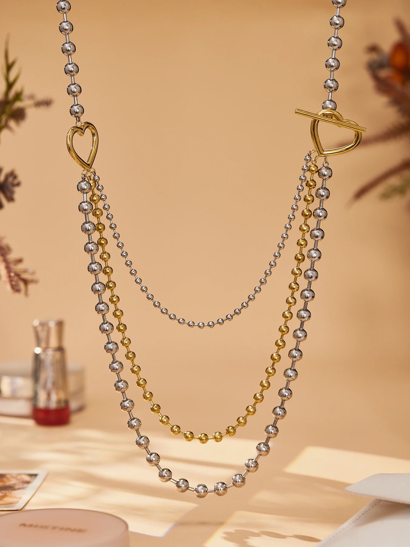 Nivora Simple Beads Chain Three Layer Charm Necklaces for Women Heart Pig Nose Ring Stainless Steel Collar Choker Jewelry