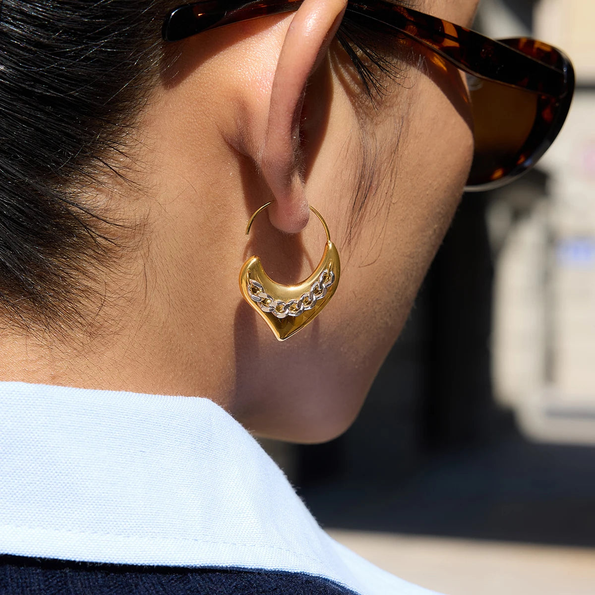 Uworld Minimalist 18K Gold Stainless Steel Gold And Silver Color-block Chain Heart Earrings Women 18K PVD Plated Fashion Jewelry