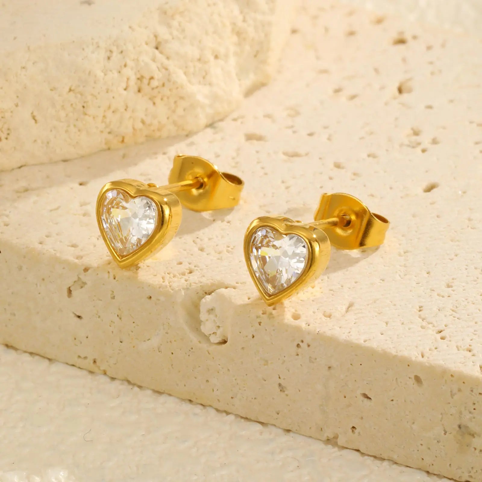 Light Luxury White Zircon Heart-shaped Stud Earrings for Women,Gold Color Stainless Steel Earrings,Trendy Jewelry Gift