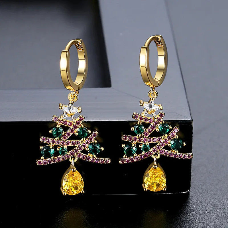 Sparkling Zircon Christmas Tree Stud Earrings for Women Colorful Rhinestone Snowflake Hat Boot Asymmetric Earring Xmas Jewelry