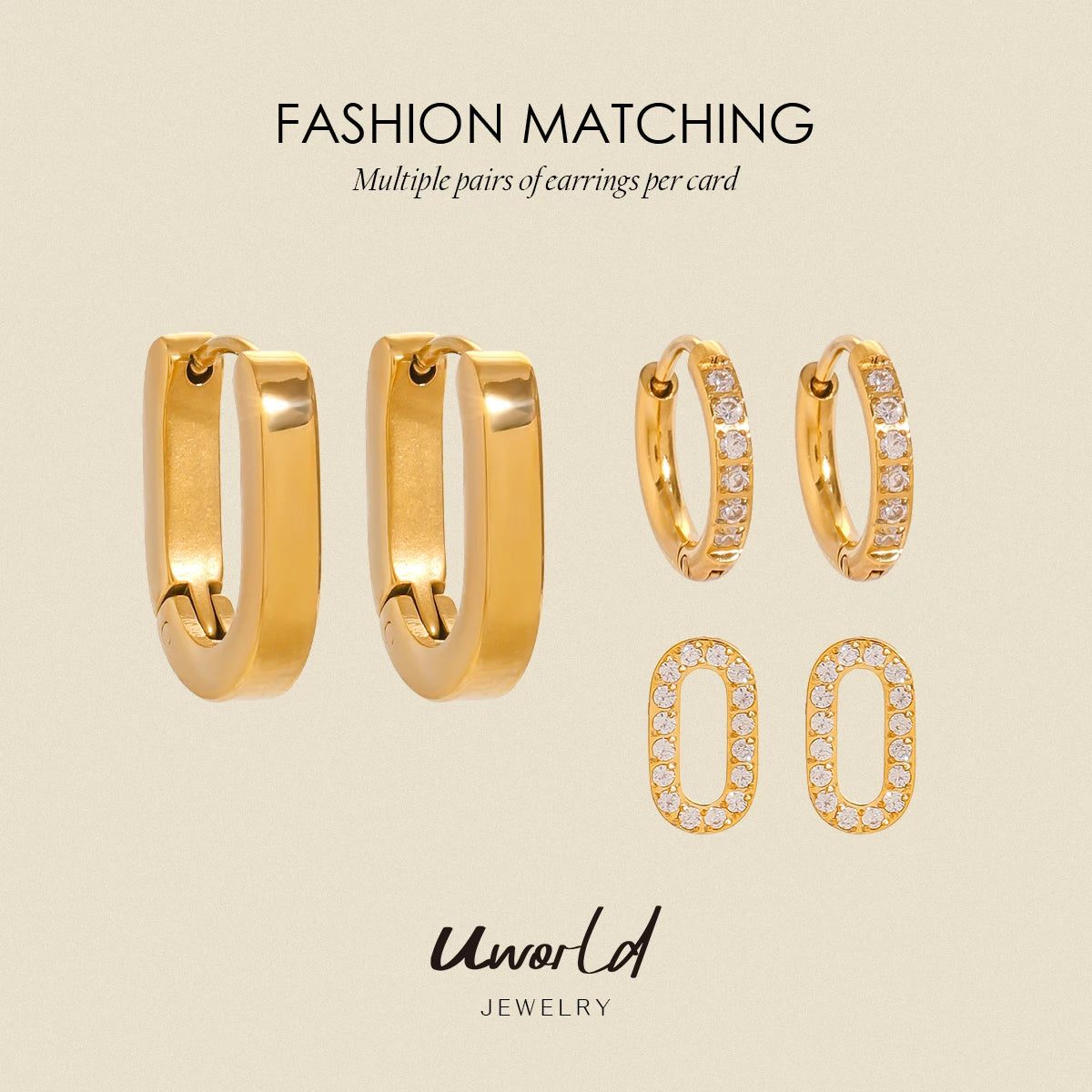 Uworld 3Pair/set White Rhinestone Cubic Zirconia CZ Bling Stud Earrings Stainess Steel Waterproof Charm Women Basic Jewelry