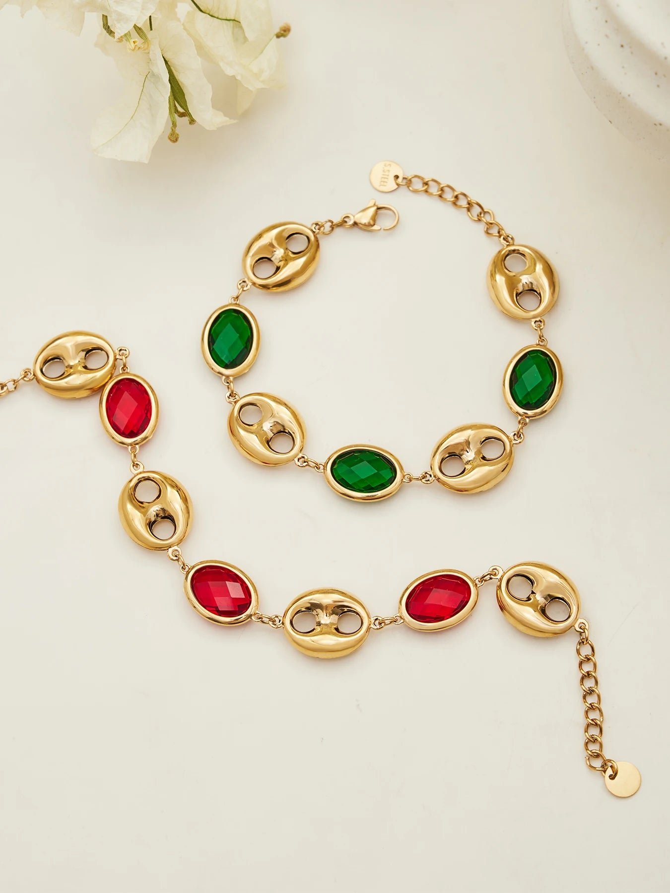 Nivora Excellent Colorful Glass Necklaces Bracelets For Women Stainless Steel Hollow Pig Nose Ring Chain Wedding Jewelry Sets