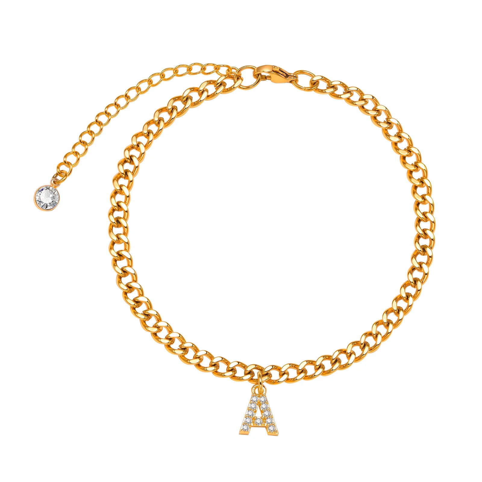 A - Z Cubic Zirconia Intinal Letter Anklet Bracelets for Women, Adjustable Stainless Steel Cuban Link Foot Chain Beach Jewelry