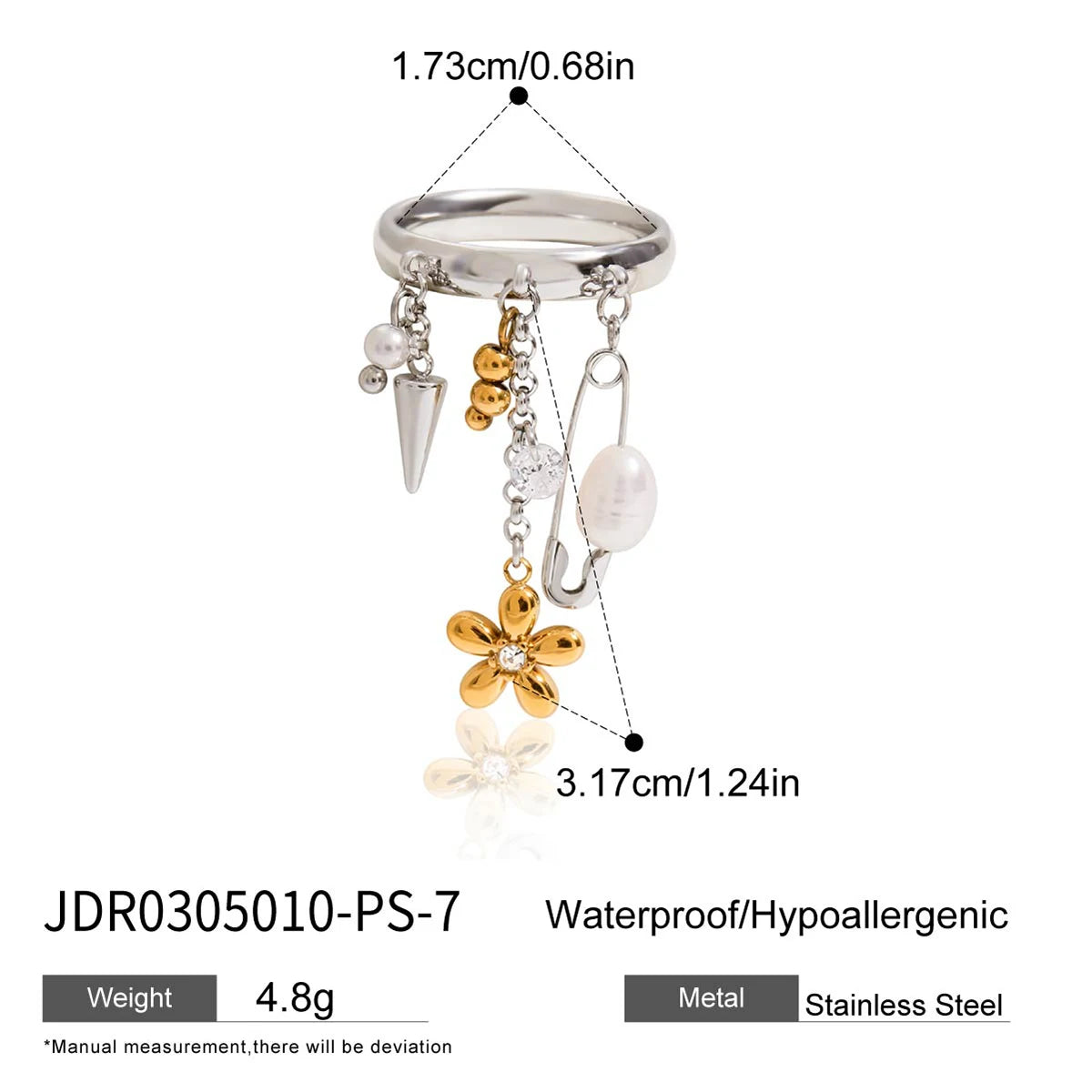 Uworld Fashion Trend 18K Gold Color Plated Stainless Steel Two-Color Freshwater Pearl Zircon Tassel Ring Stacked Flower Rings Fo