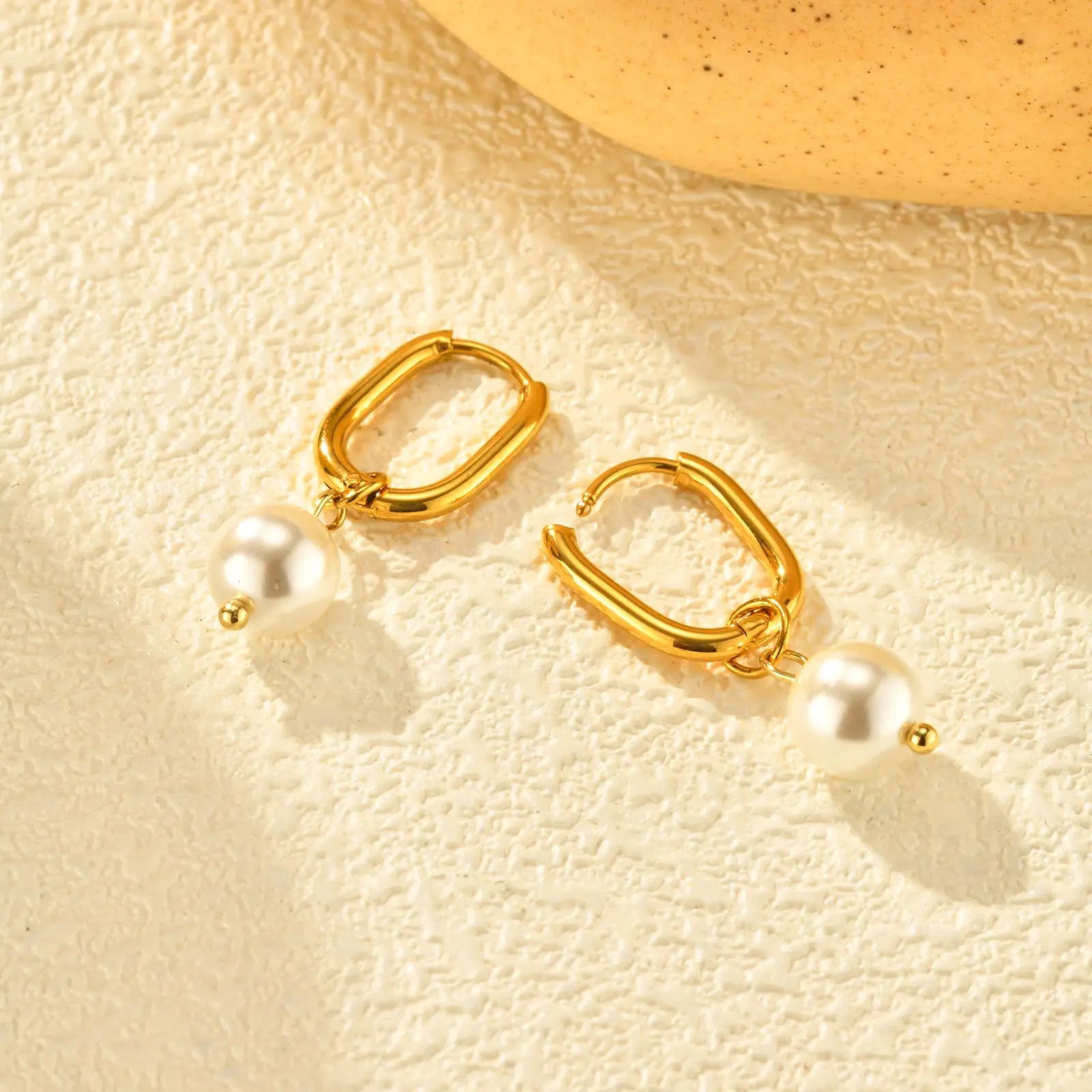 Elegant Imitation Pearl Pendant Earrings for Women,Gold Color Oval Hoop Earrings,Stainless Steel Jewelry Gift