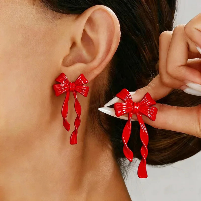 Retro Red Bowknot Stud Earrings for Women Girls Simple Knots Ballet Ribbon Piercing Earring Party Aesthetics Ear Jewelry Gifts