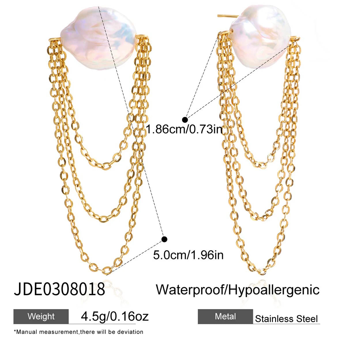 Uworld Exquisite Elegant Round Freshwater Pearl Tassel Earrings 18K Gold Color Plated Stainless Steel Chain Earrings Women's Jew