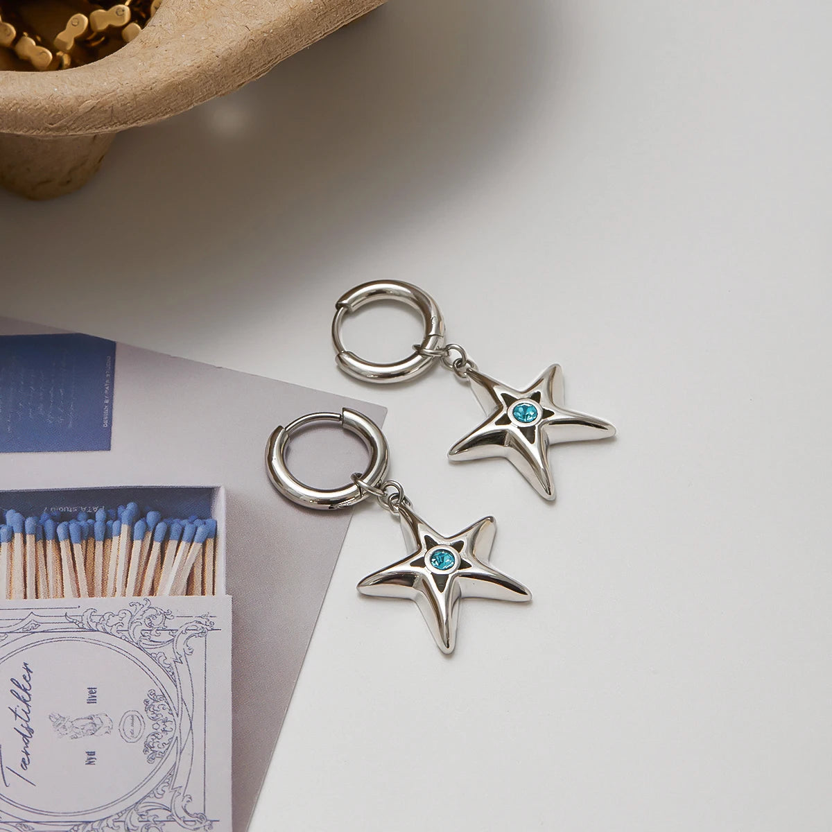 Uworld Fashion Trend Stainless Steel Blue Zircon Hollow Pentagram Pendant Earrings Women's Accessories Party Gifts