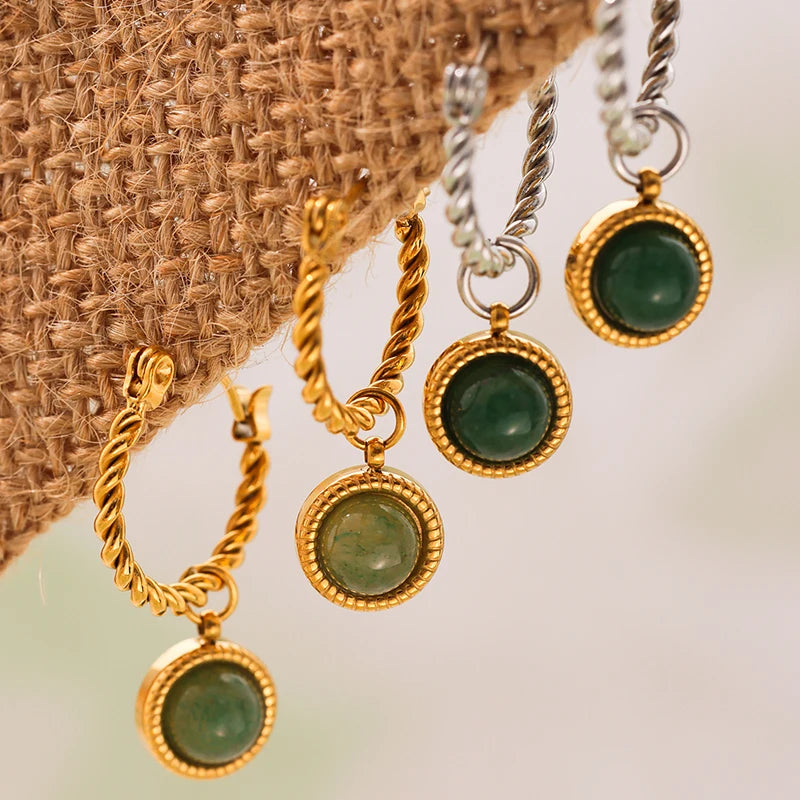Nivora Stainless Steel Twisted Dangle Earrings For Women Chinese Style Green Agate Hoop Earrings Lady Fashion Basic Jewelry