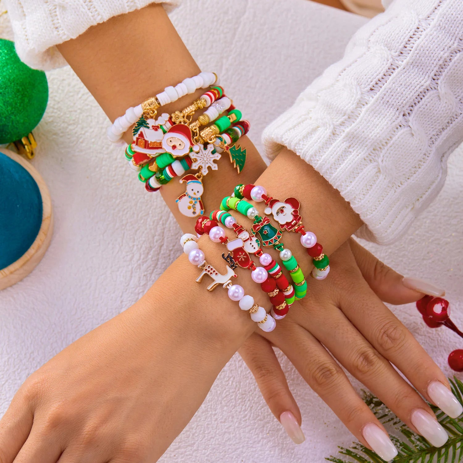 10 Pcs Christmas Colorful Beaded Bracelet Set For Women Santa Claus Xmas Tree Snowflake Rice Beads Bangle Party Festival Jewelry