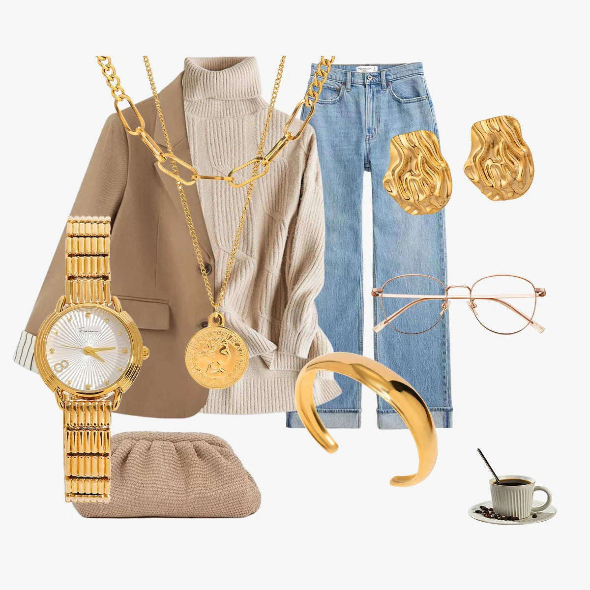 Uworld Fashion Stacked Necklace Watch Wrinkled Earrings Adjustable Bracelet Women's Jewelry Gift for Her