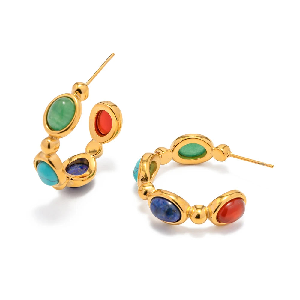 Uworld New Arrival Jewelry Stainless Steel Oval Green Colorful Lapis Stone CC Hoop Earring for Girls