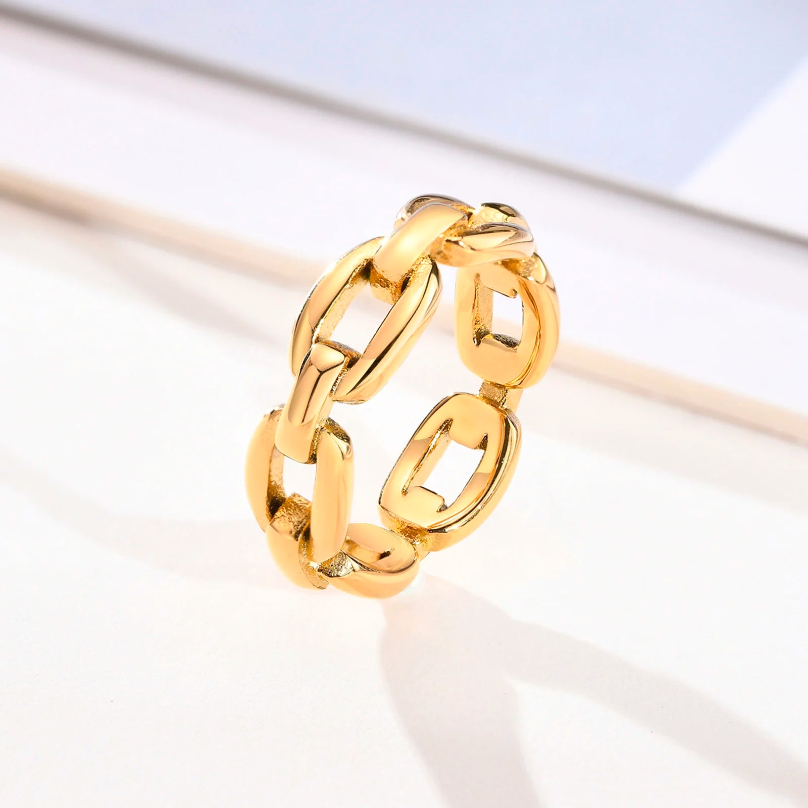 Thick Cable Chain Ring for Women , Stainless Steel Link Rings, Gold Color Stacking Statement Minimalist Jewelry
