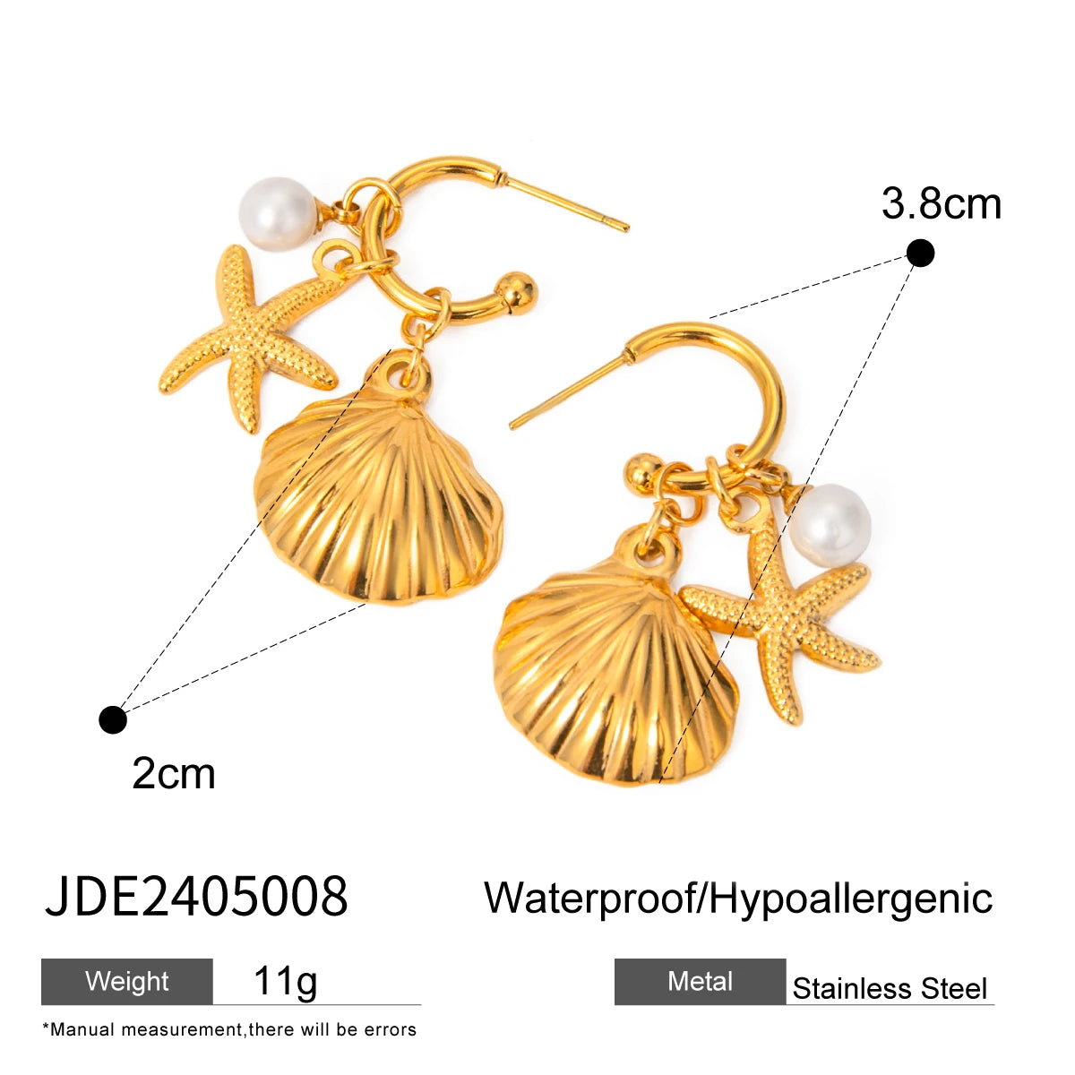 Uworld Ocean Vacation Style 18K Gold Color Plated Stainless Steel Waterproof Starfish Shell Ear Studs Pearl Conch Earrings Women