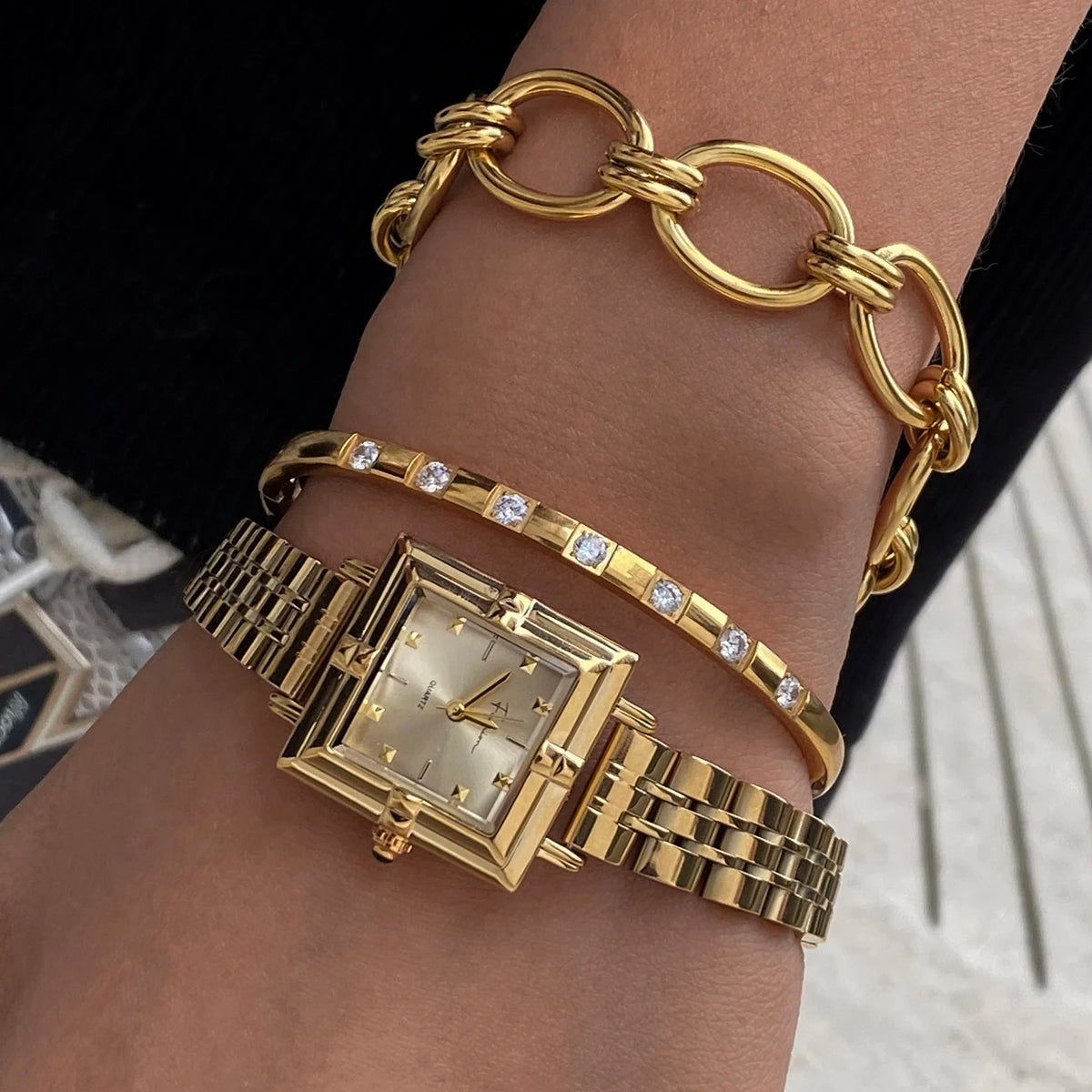 Uworld Retro Stainless Steel Waterproof Square Bracelet Basic Bracelet Stackable Bracelet Irregular Women's Jewelry Gift for Her