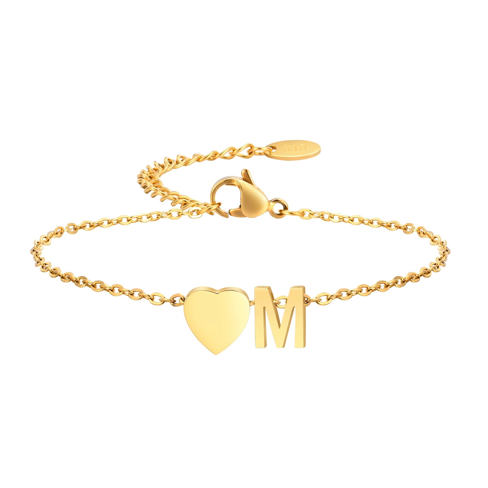 Dainty 26 Letters Initial A-Z Heart Chain Bracelets for Women Lady, Gold Color Plating Stainless Steel Cable Charm Wristband