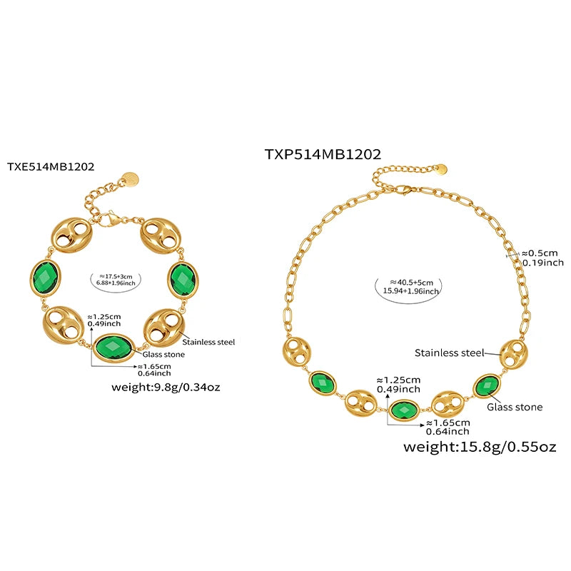 Nivora Excellent Colorful Glass Necklaces Bracelets For Women Stainless Steel Hollow Pig Nose Ring Chain Wedding Jewelry Sets