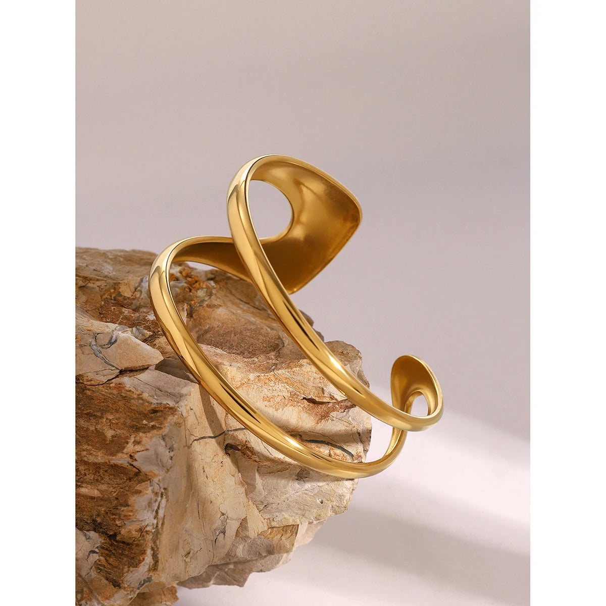 Uworld Stainless Steel Statement Gold Color Cuff Bracelet Bangle Metal Texture Multi-Layer Temperament Fashion Waterproof Jewelr