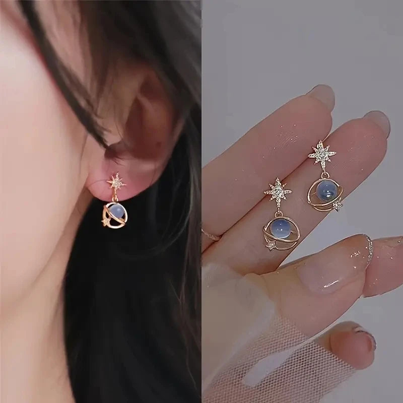 Korean New Blue Fishtail Long Ear Line Earring For Women Exquisite Imitation Pearl Tassel Zircon Leaf Earrings Party Jewelry