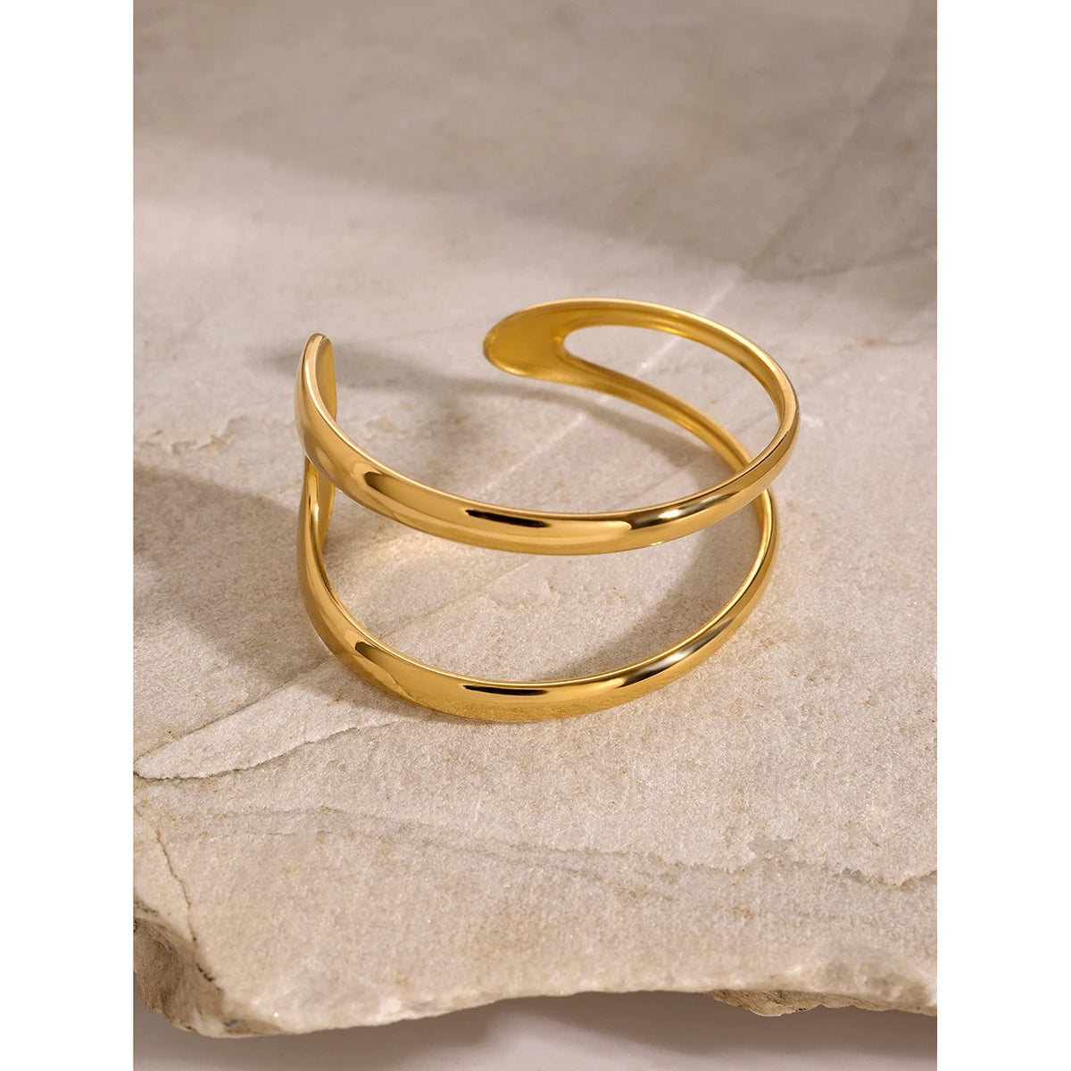 Uworld Stainless Steel Statement Gold Color Cuff Bracelet Bangle Metal Texture Multi-Layer Temperament Fashion Waterproof Jewelr