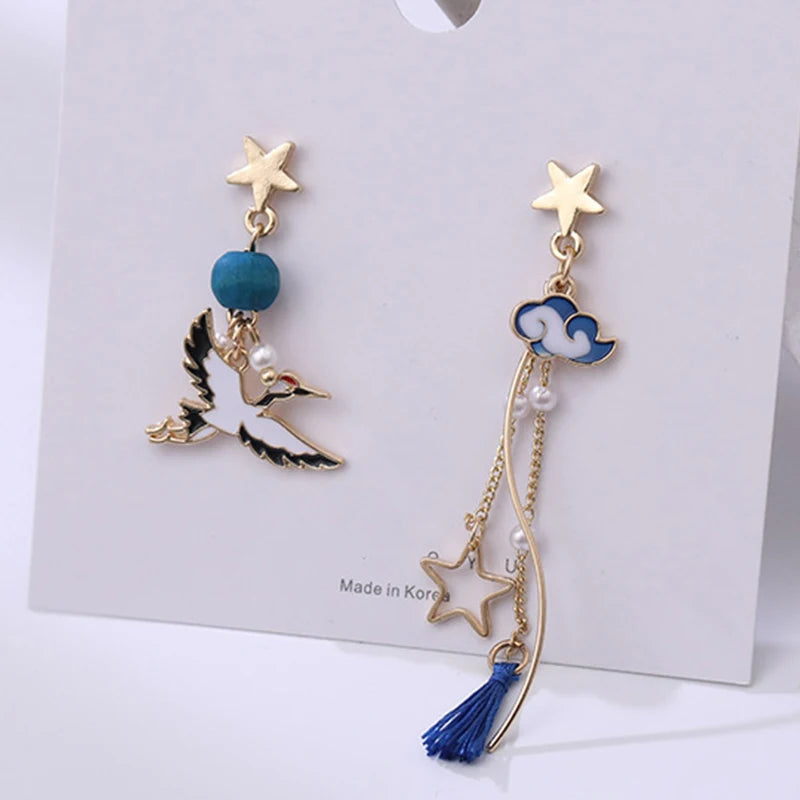 Chinese Style Cloud Crane Dangle Earrings For Women Asymmetric Long Tassel Cute Rabbit Flower Cartoon Earring Party Jewelry Gift