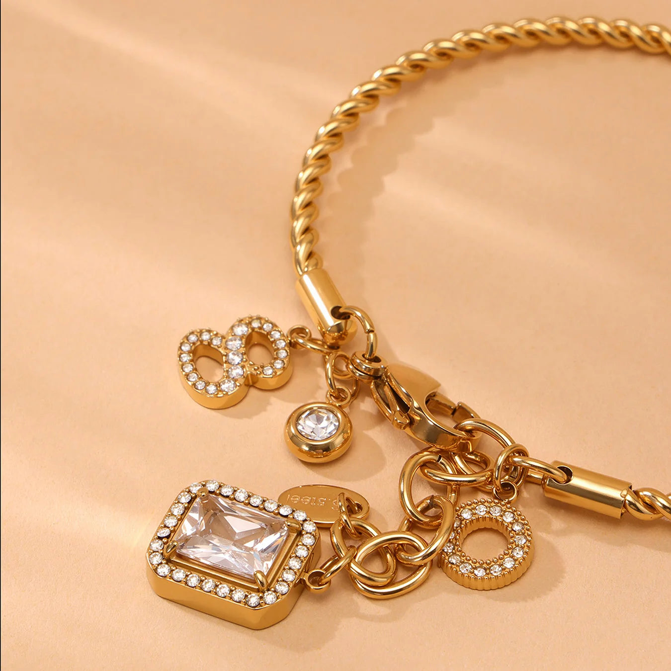 Nivora Delicate Zircon Square Number 8 Drop Pendant Stainless Steel Bracelets For Women Twisted Chain Bangle Wedding Jewelry